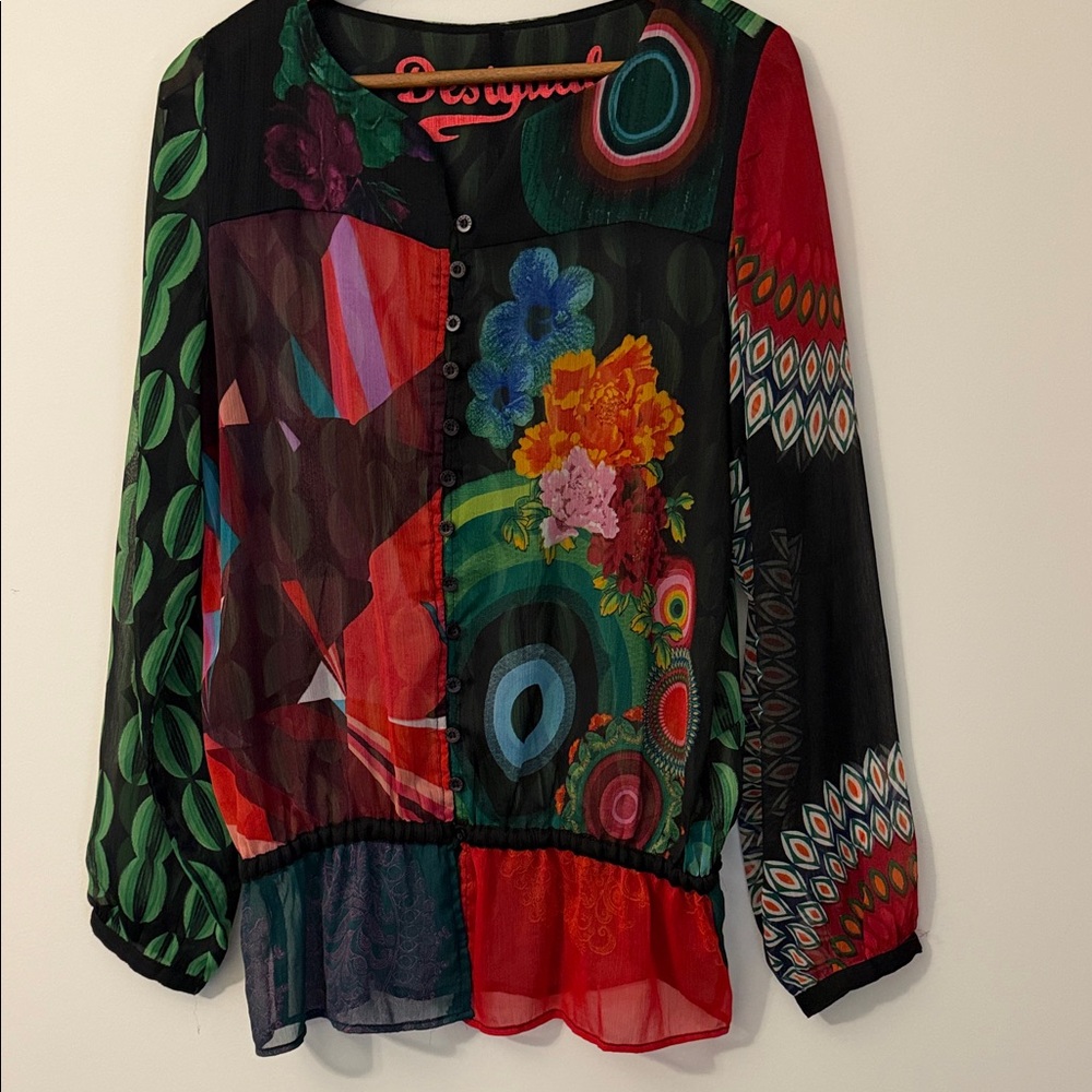 Desigual Multicolor Floral & Abstract Sheer Button-Front Blouse